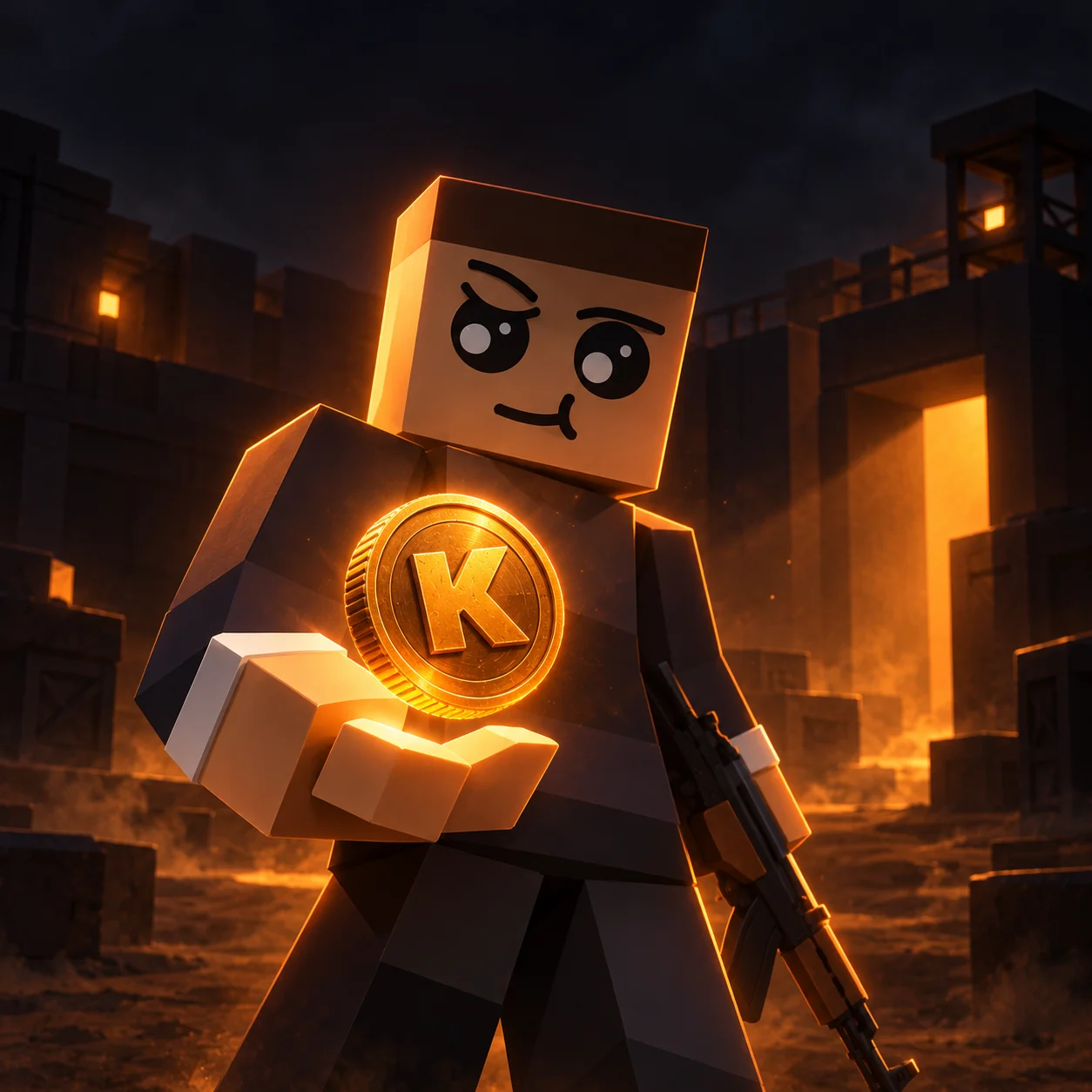A KRUNKOUT fighter holding a glowing gold K token in a shadowy arena